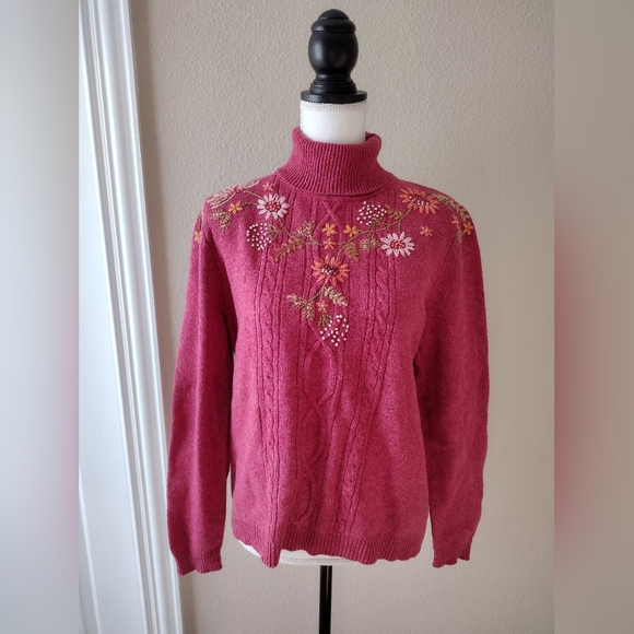 Alfred Dunner Vintage Floral Embroidered Women's Turtle Neck Sweater Size Large - Picture 1 of 8
